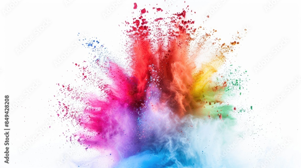 A colorful explosion of powder against a clean white background, ideal for use in design and advertising A colorful explosion of powder against a clean white background, ideal for use in design and advertising