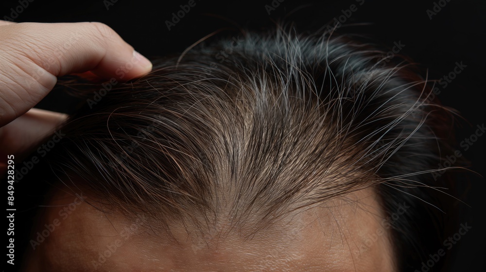 Obraz premium Close-up of a man's head, early signs of hair loss, thinning hair, visible scalp