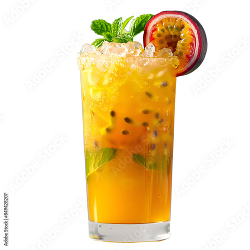 Passion fruit juice drinks with ice on top mint  isolated on transparent background, clipping path