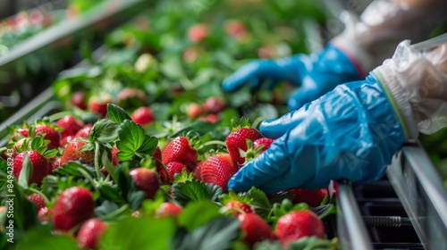 Glove hand picking up a strawberry from a bin of strawberry's at a food processing plant	