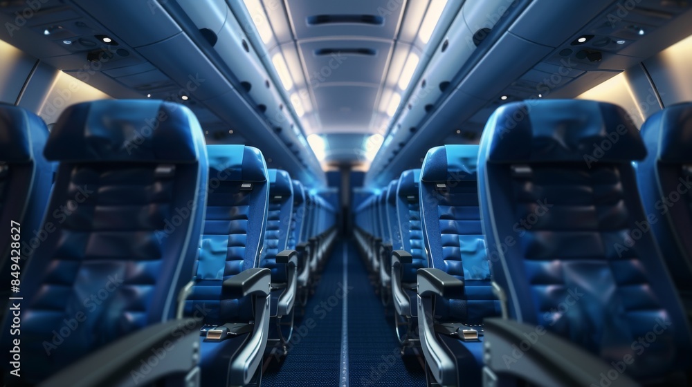 Obraz premium Modern airplane cabin interior with empty blue passenger seats awaiting boarding