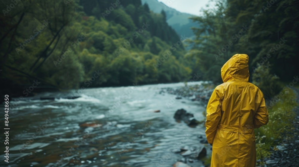 A person wearing a bright yellow rain coat stands beside a serene river A person wearing a bright yellow rain coat stands beside a serene river