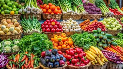 Fresh, colorful vegetables arranged in a market stall , organic, local, produce, farmer's market, healthy, natural