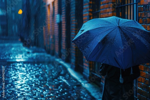 A person holding an umbrella on a rainy day, good for weather or rain related uses