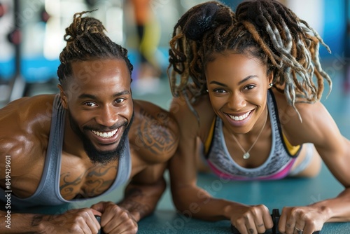 A smiling couple doing push-ups side by side, encouraging each other in a bright gym setting photo