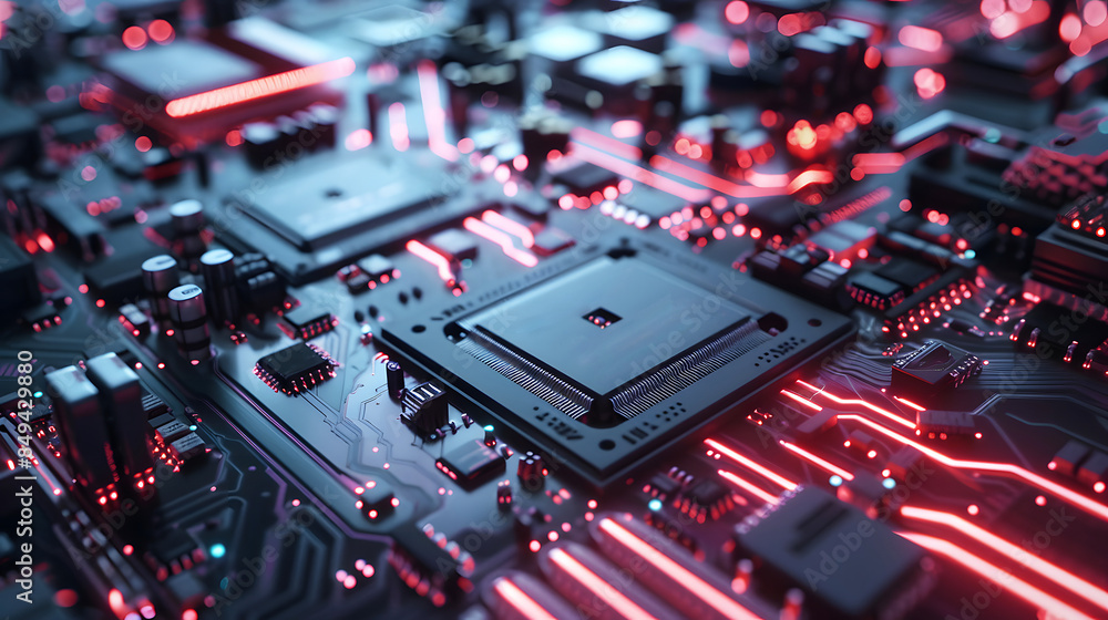 motherboard with CPU Socket. Computer hardware chipset components close-up in orange light. Tech industry electronics background motherboard with CPU Socket. Computer hardware chipset components close-up in orange light. Tech industry electronics background