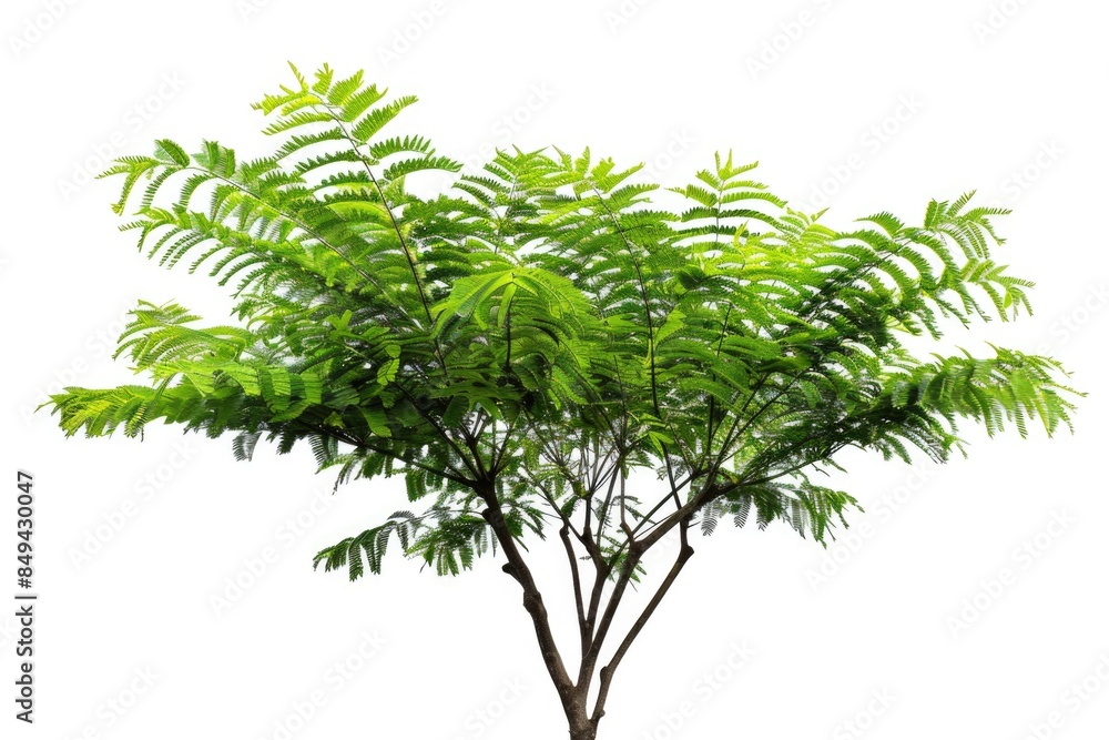 Fototapeta premium A single tree with lush green leaves on a simple white background, suitable for illustrations, designs, and more