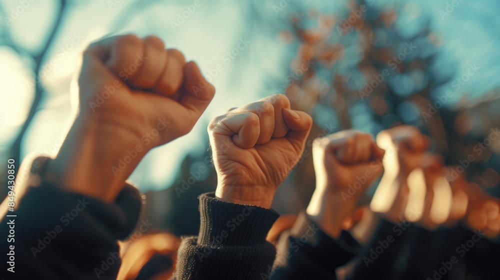 Φωτογραφία A group of people holding up their fists in the air, conveying defiance and resi