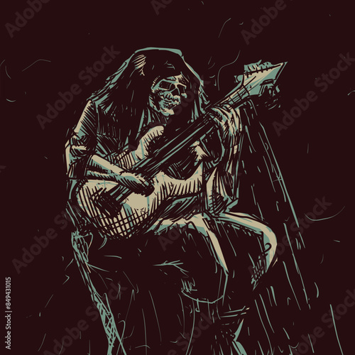 Zombie skull playing guitar vector illustration