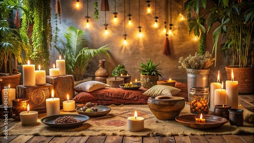 Sacred cacao ceremony space with candles, cushions and spiritual objects, cacao, ceremony, space, heart opening, medicine © Sompong