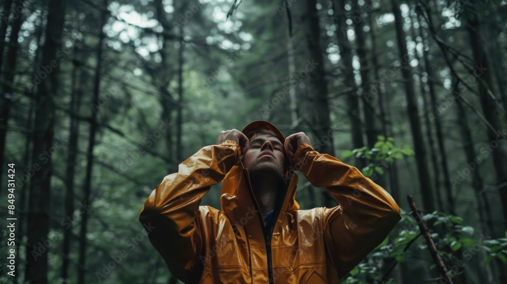 A man stands alone in a dense forest, wearing a bright yellow raincoat A man stands alone in a dense forest, wearing a bright yellow raincoat
