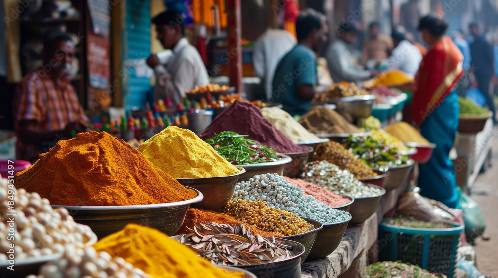 A bustling market in India, with vendors selling colorful spices and fresh produce A bustling market in India, with vendors selling colorful spices and fresh produce