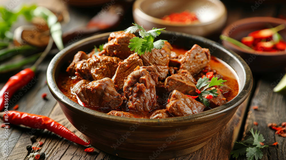 A bowl of beef stew with red sauce and green herbs A bowl of beef stew with red sauce and green herbs