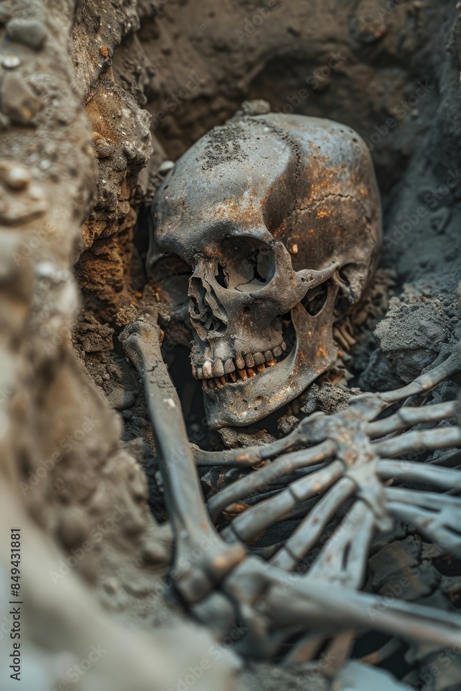 A skull and skeleton sitting in a dark cave A skull and skeleton sitting in a dark cave