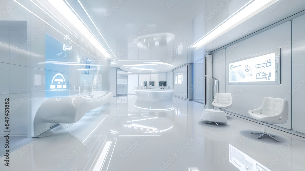 a high-tech white office interior. Use futuristic design elements, a high-tech white office interior. Use futuristic design elements,