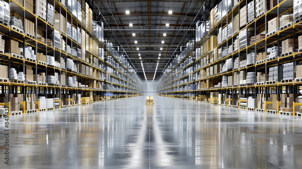 Fototapeta premium expansive distribution warehouse featuring high shelves for business and marketing use