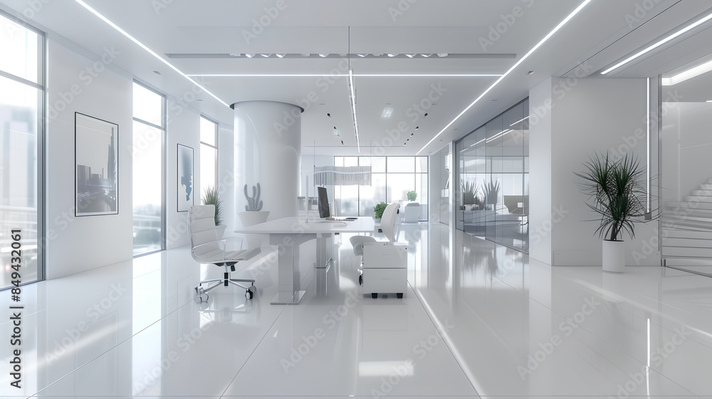 Fototapeta premium an image of a white office interior with a minimalist design.