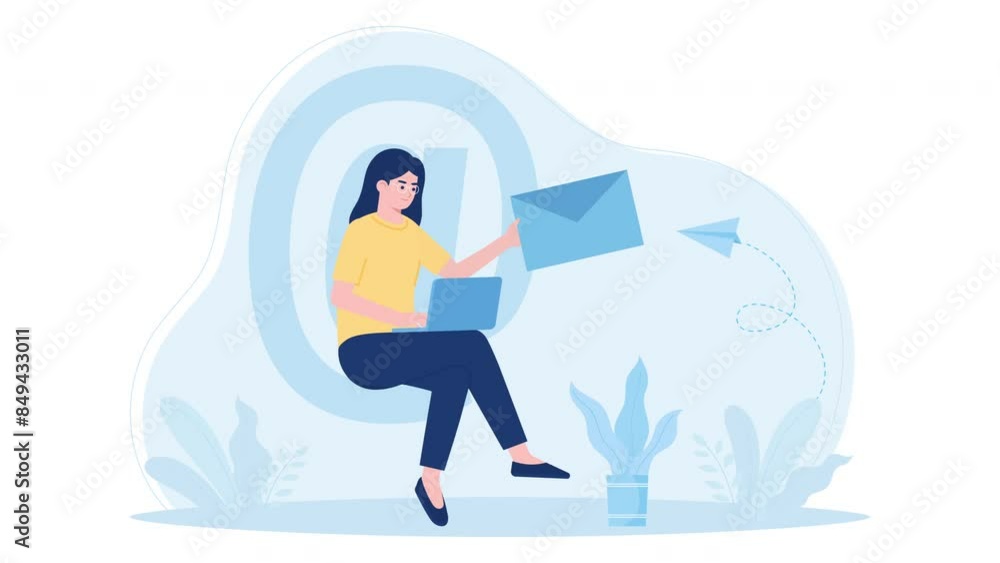A woman sends and receives emails flat design animation
