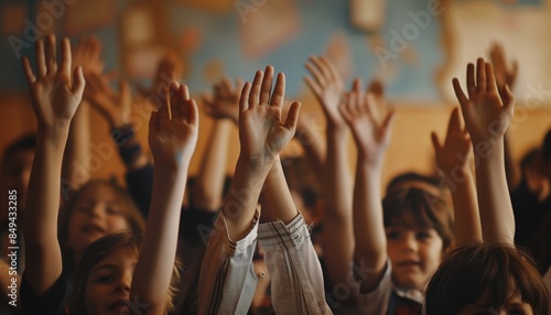 Eager children excitedly raise their hands to answer questions in a sunlit classroom, embodying the enthusiasm and eagerness of a new school year. Back to school concept.