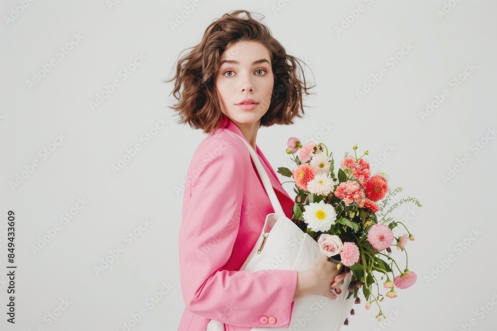 A woman in a pink suit holds a bouquet of flowers, perfect for a formal occasion or special event A woman in a pink suit holds a bouquet of flowers, perfect for a formal occasion or special event