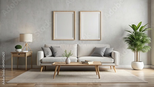 Minimalist living room mockup with two blank picture frames, minimalist, living room, mockup, blank