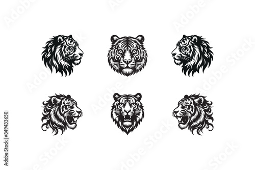 Set of tiger head silhouette vector art illustration