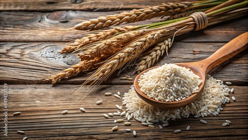 Rice grains and a wooden spoon on weathered table with wheat sheaf in background, rice, grains, wooden spoon photo