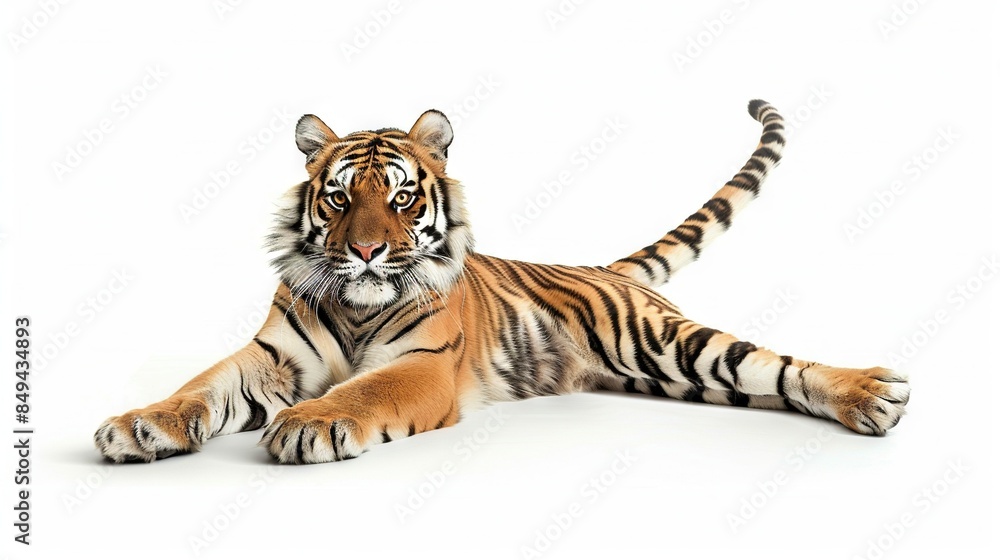 Fototapeta premium A tiger rests on the ground with its head turned slightly and wide-open eyes