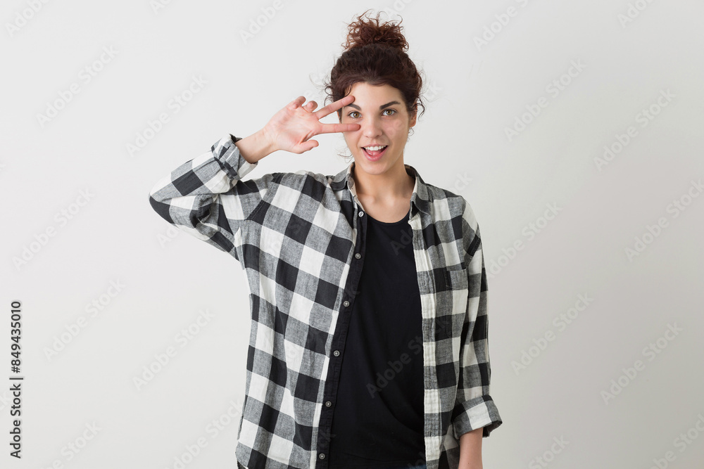 portrait of young hipster pretty woman in checkered shirt portrait of young hipster pretty woman in checkered shirt