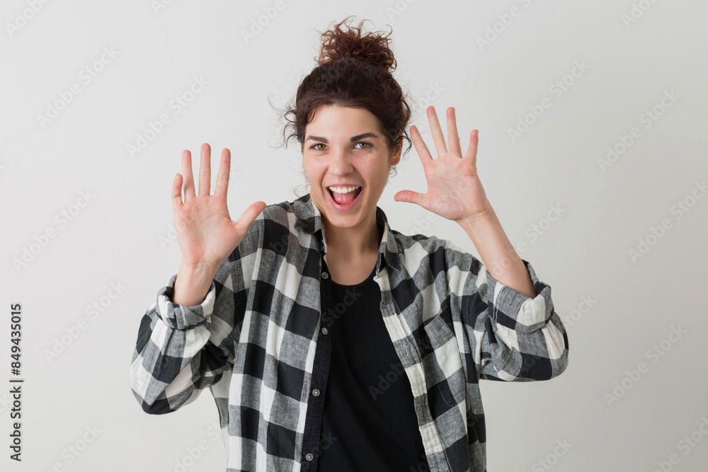 portrait of young hipster pretty woman in checkered shirt portrait of young hipster pretty woman in checkered shirt