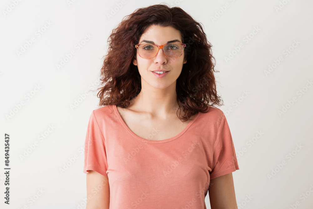 portrait of young natural looking smiling happy hipster pretty woman in pink shirt portrait of young natural looking smiling happy hipster pretty woman in pink shirt