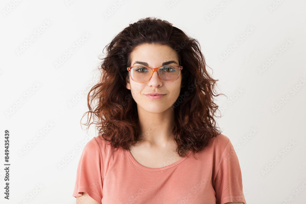 portrait of young natural looking smiling happy hipster pretty woman in pink shirt portrait of young natural looking smiling happy hipster pretty woman in pink shirt