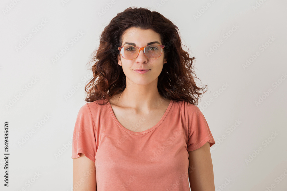 portrait of young natural looking smiling happy hipster pretty woman in pink shirt portrait of young natural looking smiling happy hipster pretty woman in pink shirt