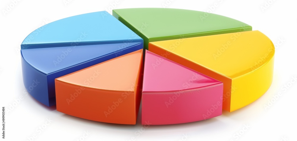 Colorful 3D pie chart with six segments representing data analysis and business statistics, isolated on a white background. Single pie chart representing financial planning Colorful 3D pie chart with six segments representing data analysis and business statistics, isolated on a white background. Single pie chart representing financial planning