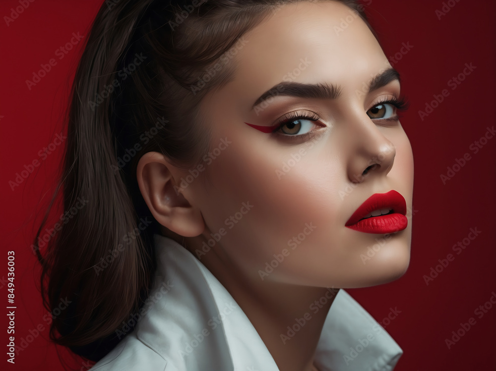 Bold Portrait of a Woman with Red Lipstick and Artistic Eyeliner in White Outfit Against Red Background Bold Portrait of a Woman with Red Lipstick and Artistic Eyeliner in White Outfit Against Red Background