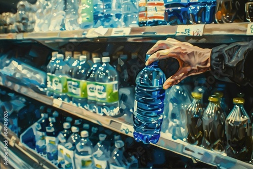 A well-manicured hand delicately taking a water bottle from a neatly arranged shelf in a well-lit supermarket
