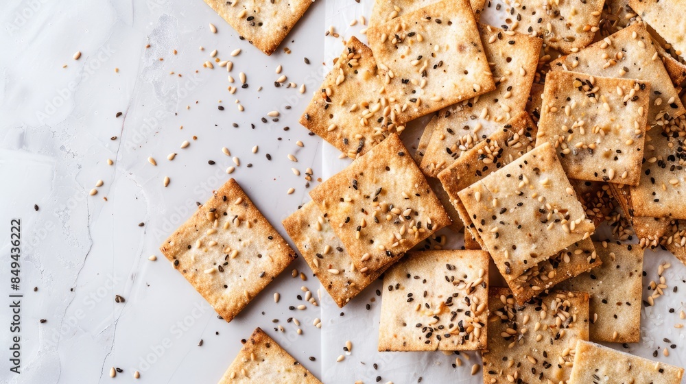 Seed crackers made at home on a blank white surface with empty room for ...
