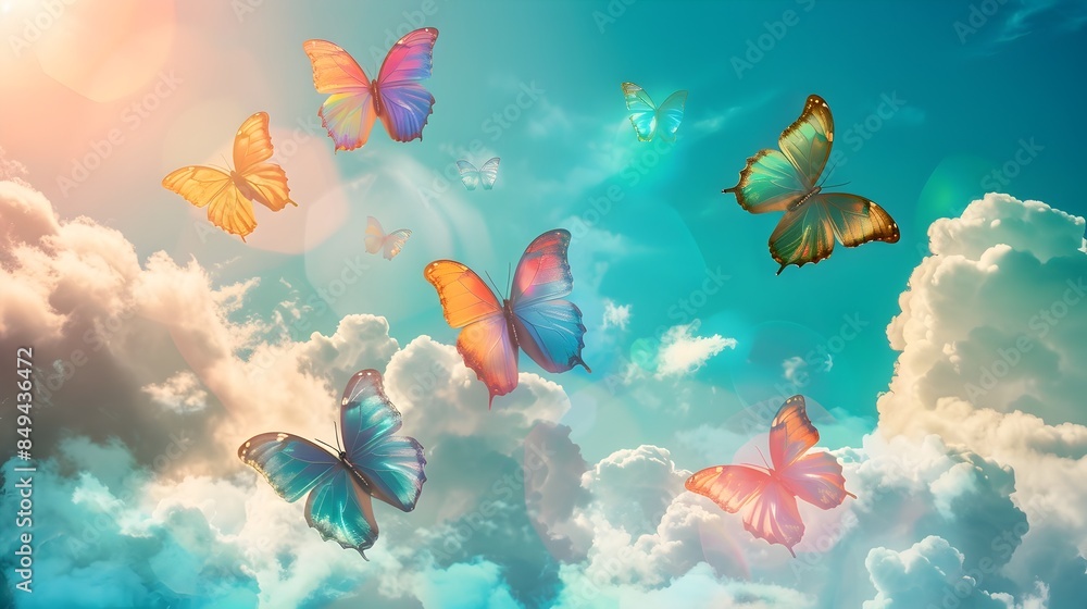 Naklejka premium Magical Fantasy Sky with Rainbow Butterflies Fluttering Among Clouds