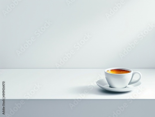 Freshly brewed coffee in a minimalist white cup, isolated on a white background with studio lighting, highlighting the rich aroma and perfect crema
