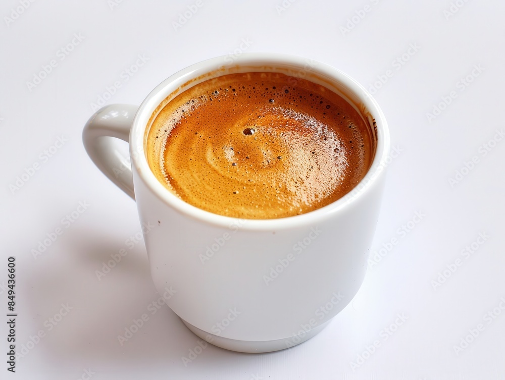 Freshly brewed coffee in a minimalist white cup, isolated on a white background with studio lighting, highlighting the rich aroma and perfect crema Freshly brewed coffee in a minimalist white cup, isolated on a white background with studio lighting, highlighting the rich aroma and perfect crema