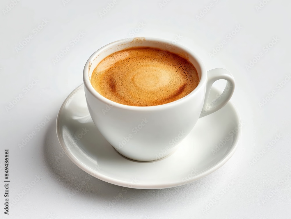Freshly brewed coffee in a minimalist white cup, isolated on a white background with studio lighting, highlighting the rich aroma and perfect crema Freshly brewed coffee in a minimalist white cup, isolated on a white background with studio lighting, highlighting the rich aroma and perfect crema