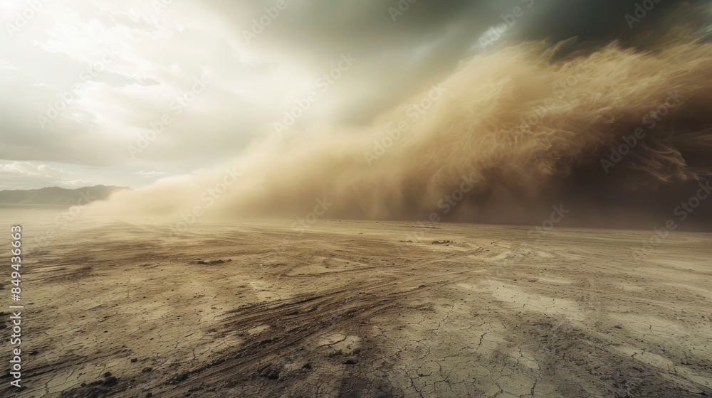 wide angle landscape of a desert wasteland with a dusty sandstorm going on wide angle landscape of a desert wasteland with a dusty sandstorm going on
