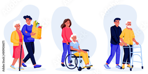 Elderly person assistance, vector flat cartoon illustration. Support and care for senior people. Social work, volunteering concept