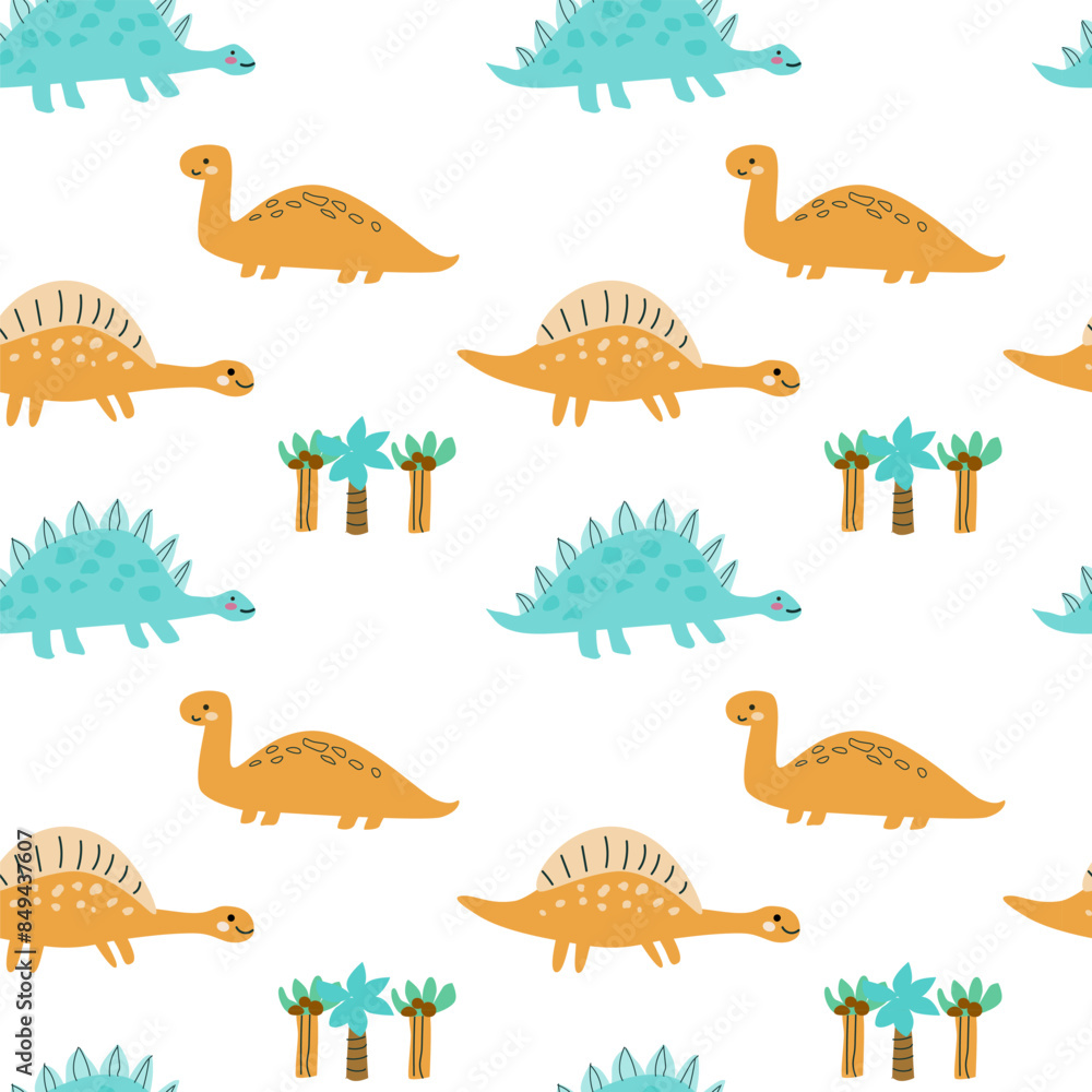 Naklejka premium Childrens animals pattern of cute baby dinosaurs collection. For textile. Nursery design. Childrens dinosaurs background with tropical tree. Childish animals pattern, hand drawn elements.
