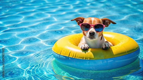 Dog wearing sunglasses relaxing on a pool float, dog, sunglasses, pool float, summer, pet, relaxation, sun, chilling, cute © wasan
