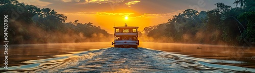 A riverboat sails into the sunset in the Amazon rainforest. photo