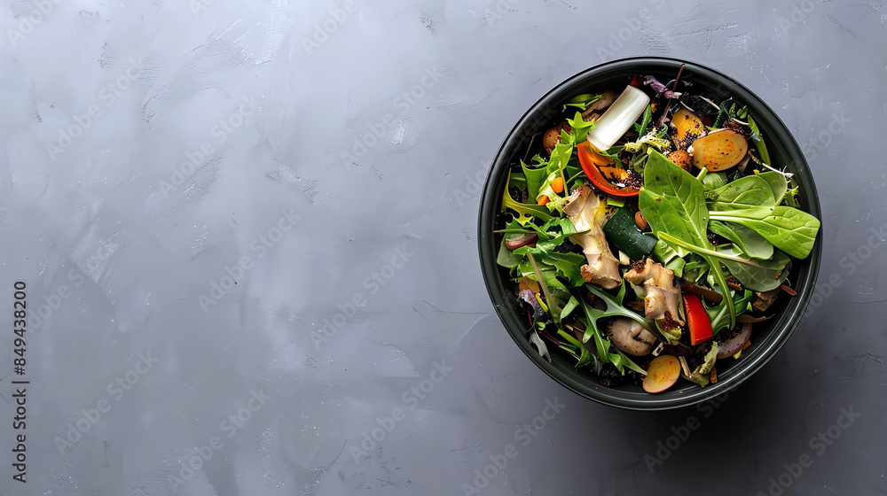 A bowl of salad greens, leftover vegetables, and a few pieces of chicken on a gray table A bowl of salad greens, leftover vegetables, and a few pieces of chicken on a gray table