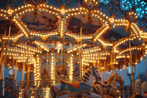 Experience the enchanting allure of a vibrant carousel at the heart of an Italian carnival, adorned with colorful lights and intricate carvings. © Jennie Pavl