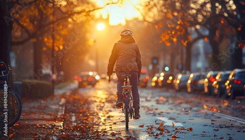 A cyclist rides down a city street on an autumn day. The sun is shining through the trees, and the leaves are falling. The cyclist is wearing a helmet and a jacket.