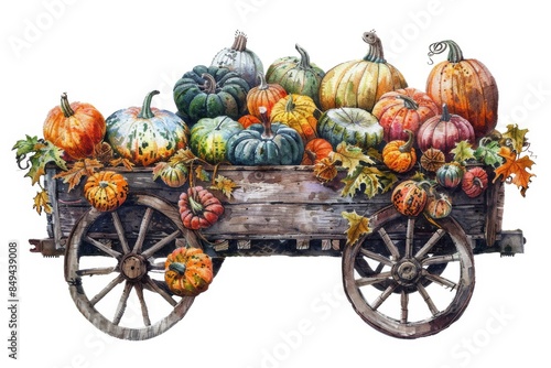 A vibrant display of pumpkins and gourds adorning a rustic wooden cart at the Harvest Festival in Canada.